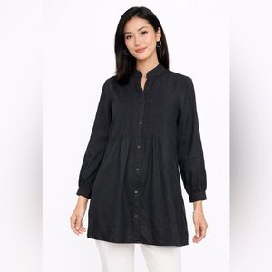 Lauren Ralph Lauren Black Linen Pintuck Tunic Blouse Size L Button Front Boho